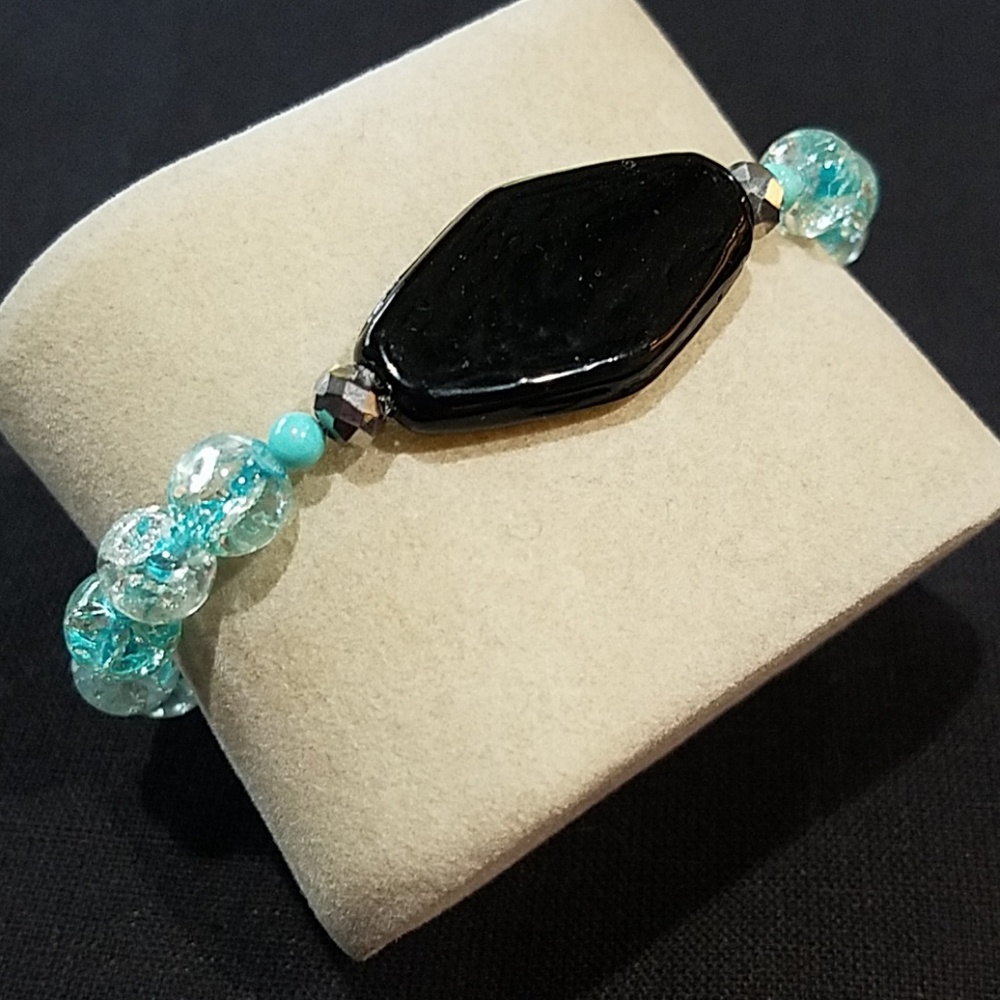 Sky Blue and Black Glass Bead Bracelet